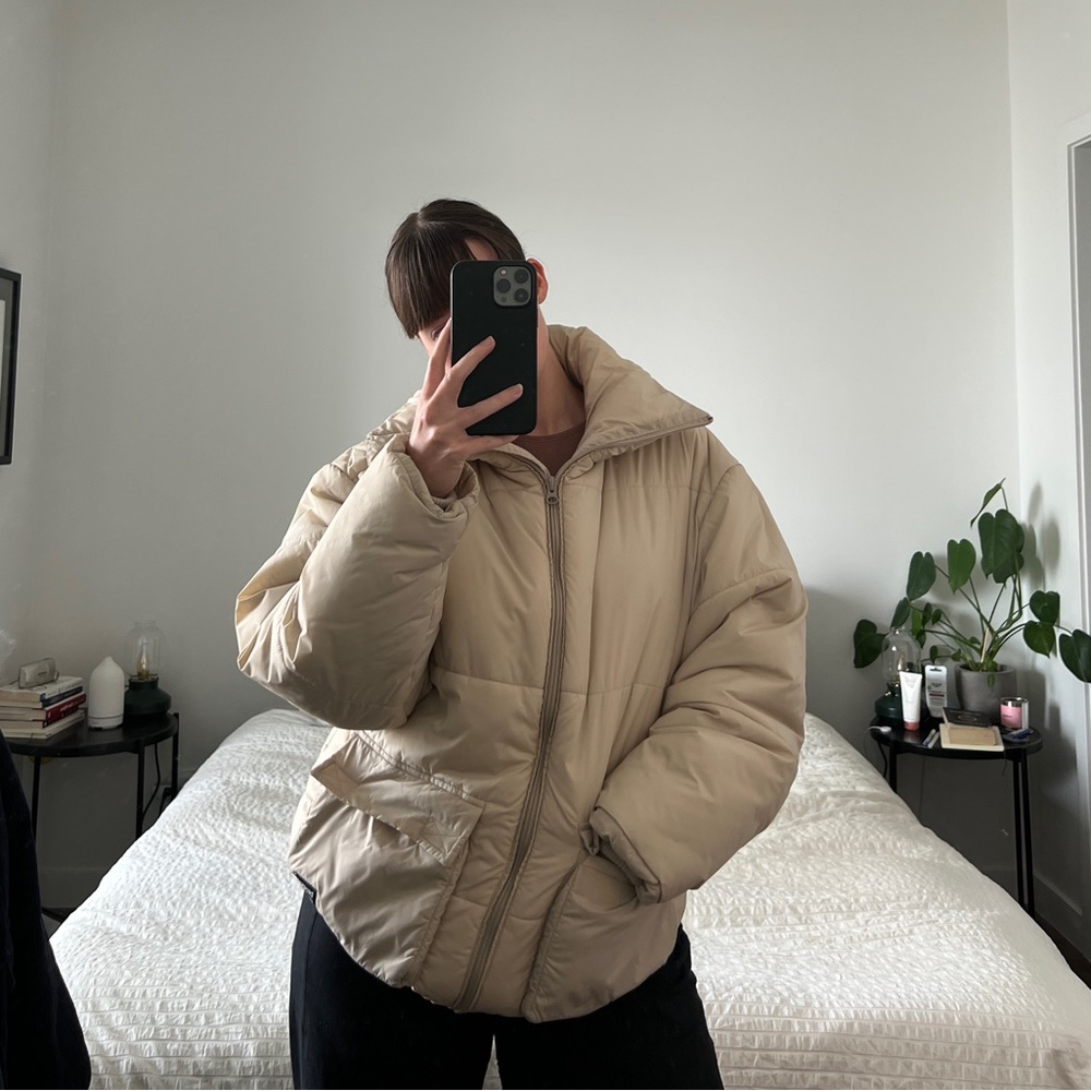 beige dr denim puffer parka (s)